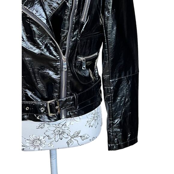 New LA Coalition Black Vegan Patent Leather Motorcycle Jacket Size Small - Picture 4 of 11